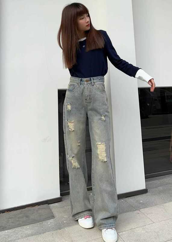 Women's Jeans Designer Quality Womens Autumn Denim Pants Made of Old Washed Bag Printing Straight Tube Pants for Women QS09