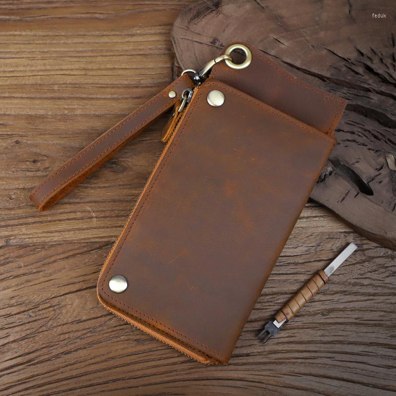 Wallets Retro Crazy Horse Leather Clutch Bag Genuine Card Slot Long Wallet Multi-function Holder Zipper Coin Purse Handbag