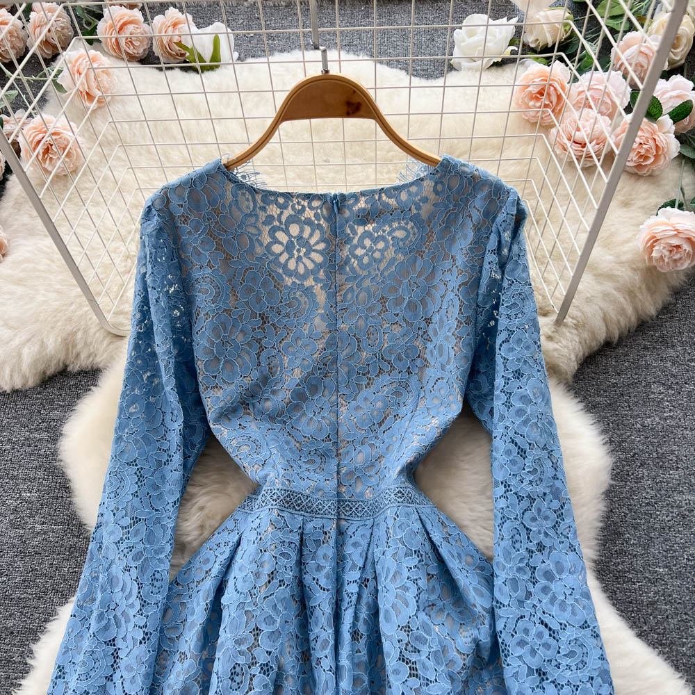 Robes décontractées piste été Midi longue Robe pour les femmes 2023 célébrité fleur broderie Robe col en v à manches longues mince dentelle garnitures robes de soirée