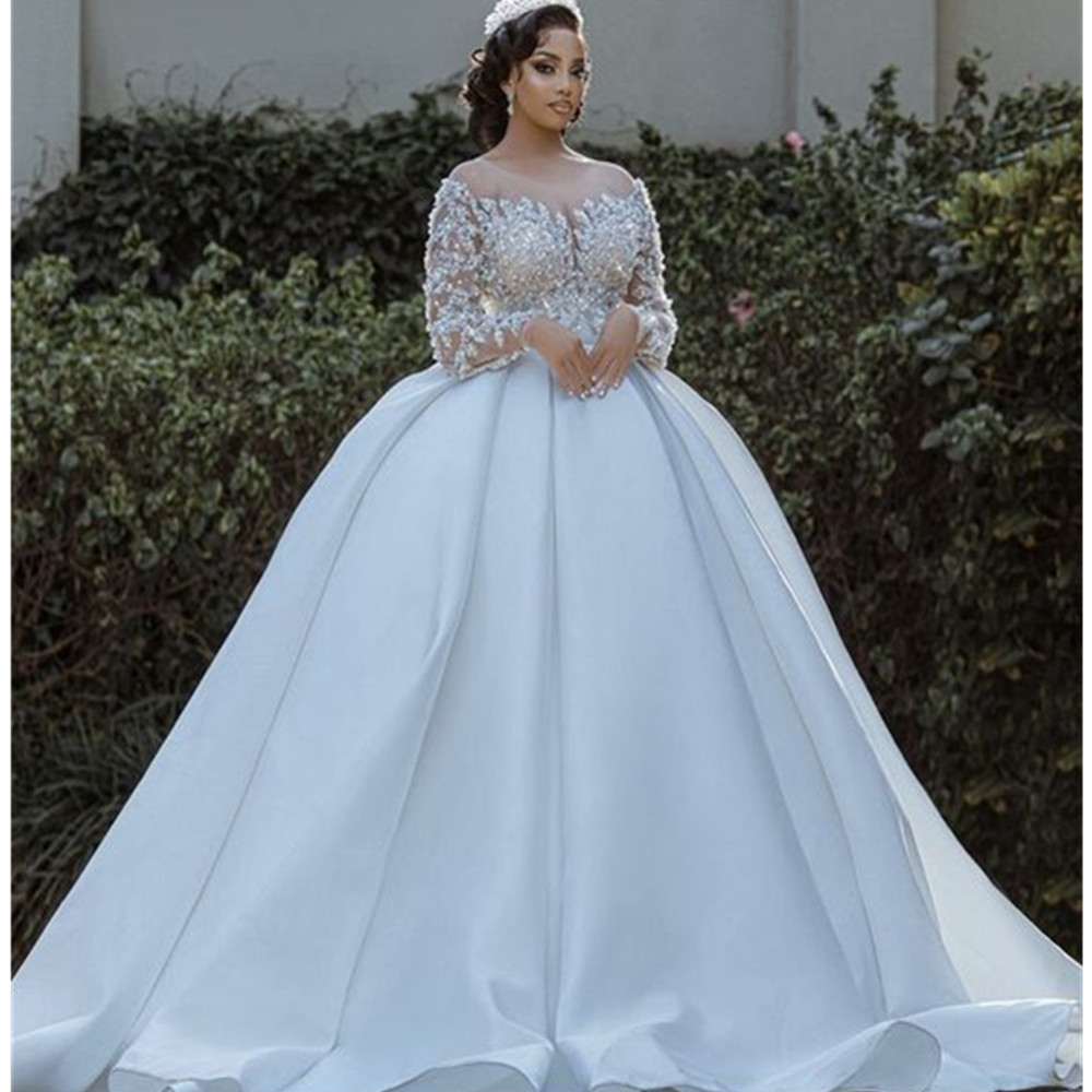 Vintage Scoop Neck Luxury Beads Wedding Dress Illusion A-Line Sequins Bridal Gowns Long Sleeves Crystals Robes 3D Floral Brides Gowns Vestido De Novia