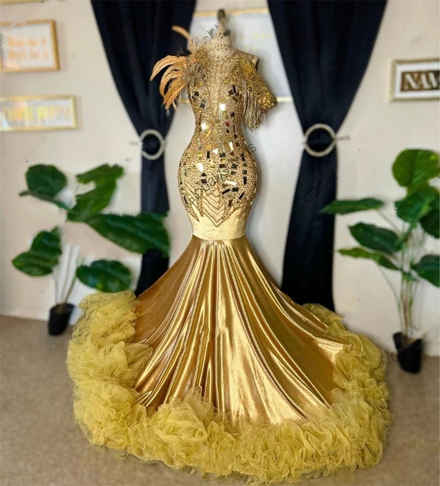 Gold High Neck Long Prom Dress For Black Girls 2024 Feathers Ruffles Birthday Party Dresses Evening Gowns Beaded Crystal Gown