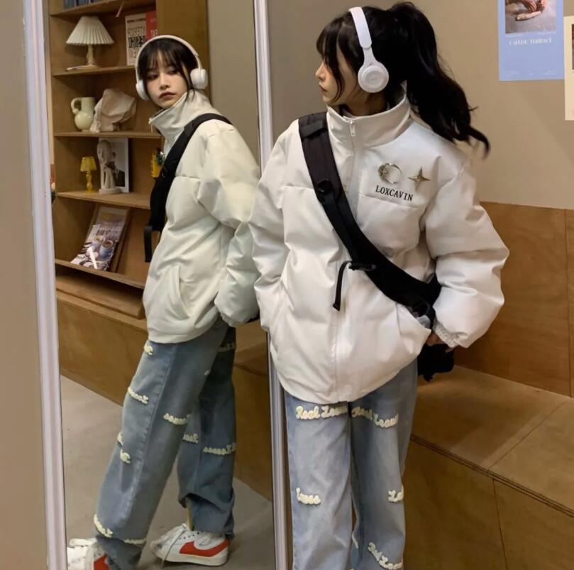 Dames bovenkleding jassen Koreaanse ontwerpstijl opstaande kraag sterlogo bedrukt PU-leer katoenen jack voor dames winter nieuwe verdikte studentenbroodpak trend