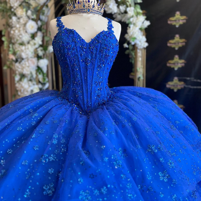 Luxury Blue Shiny Sweetheart Quinceanera Dresses Ball Gown Lace Crystal Beads Sweet 16 Dresses Party Gowns vestidos de 15