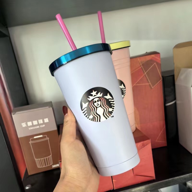 Tasarımcı Straw Fincan Çift Katmanlı Üç Çizgi Paslanmaz Çelik Yalıtım Kupası Taşınabilir Kahve Kahve Pembe Kuş Kahve Subkunu Sevimli Öğrenci Su Bardağı