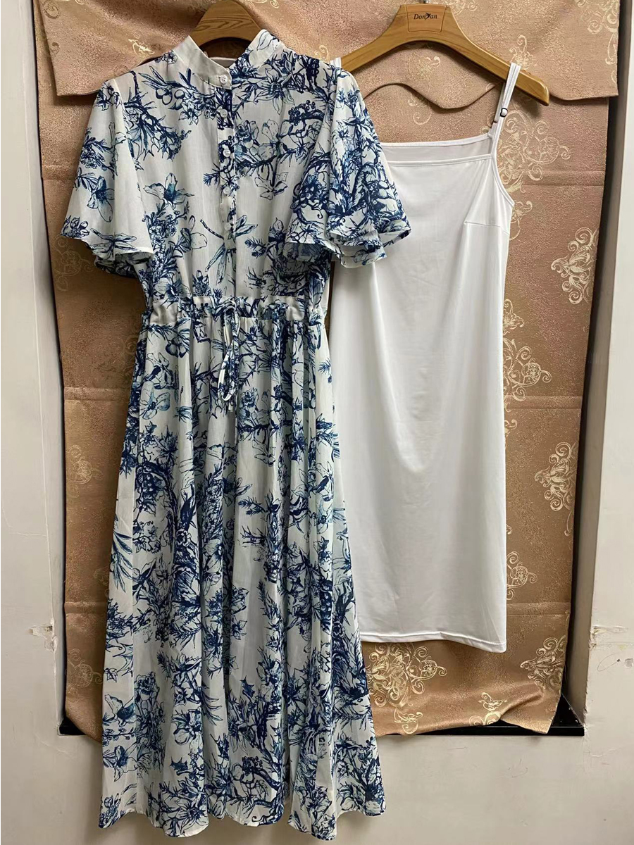 Vestidos casuais 2023 verão vestido feminino roupas elegante azul pétala manga impressão cordão vintage casual vestidos de festa midi robe