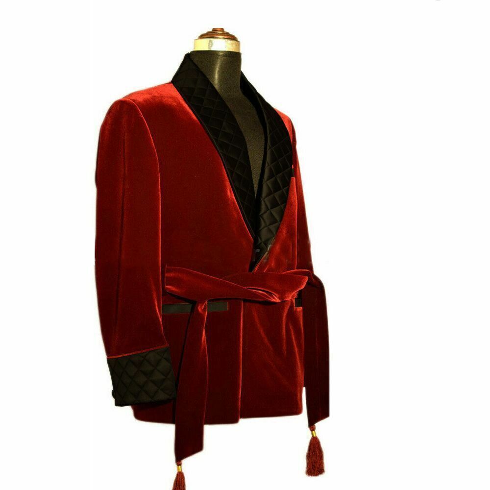 Red Velvet Jacket For Men Shawl Lapel Tuxedos Tailored Single Breast Wedding Blazers With Belt