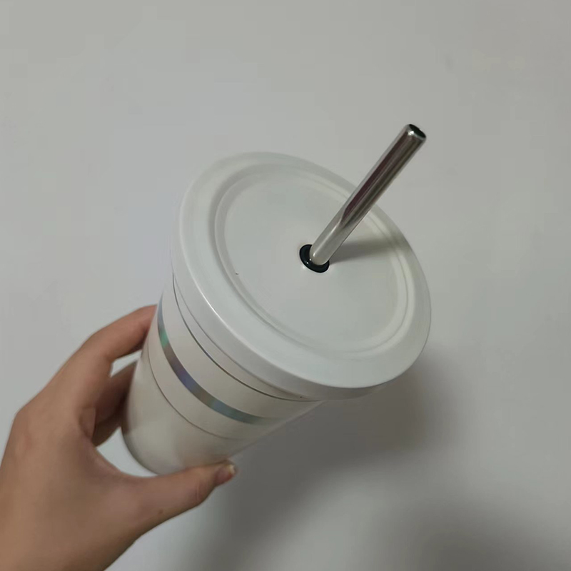 DESIGNER straw cup double layered astronaut technology reflective stainless steel insulated cup coffee cup student portable gradient color water cup Tumblers