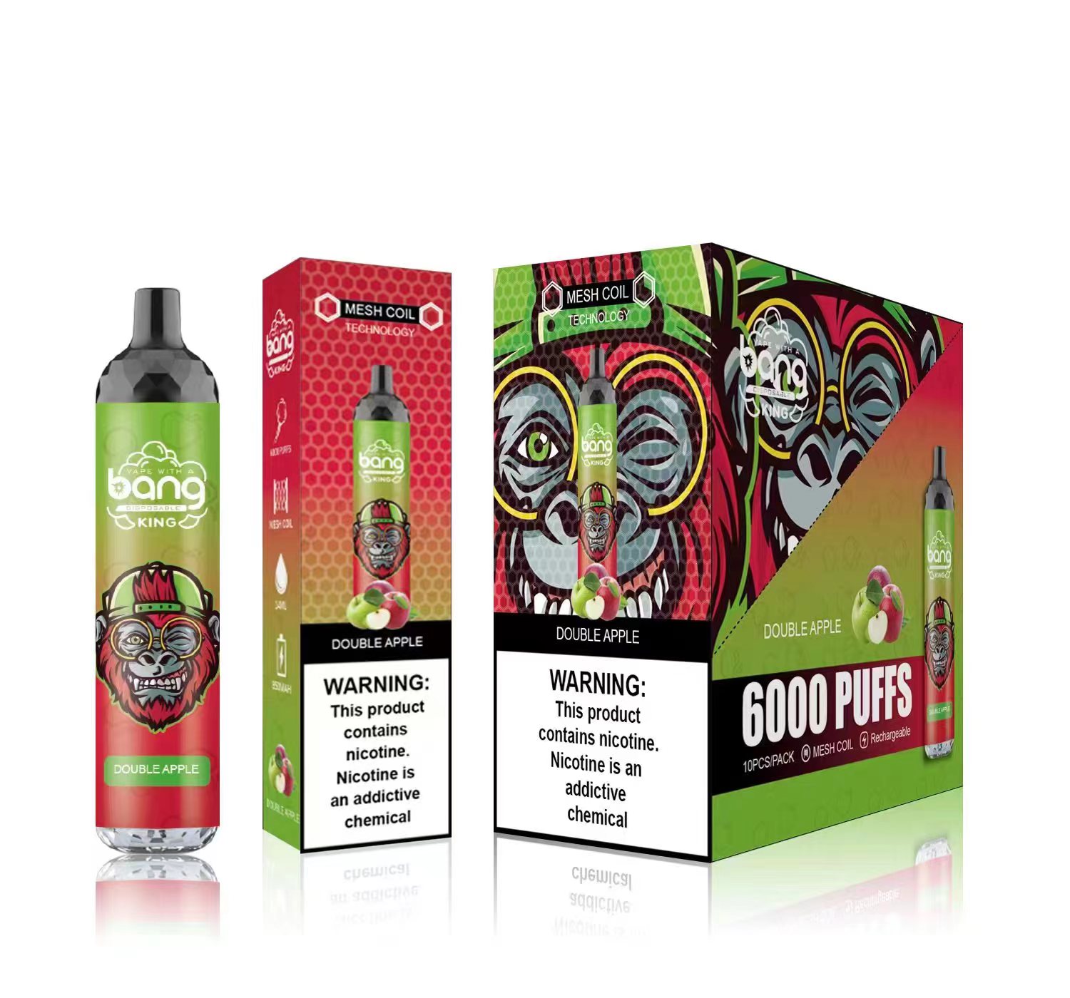 Bang King Puff 6000 Original 6K Puff Descartável 24 sabores E Cigarros Bobina de Malha 0.8ohm 14ml Pod Bateria Recarregável Eletrônico Cigs Puff 0% 2% 3% 5% VS UZY Vape Pen Kit XXL