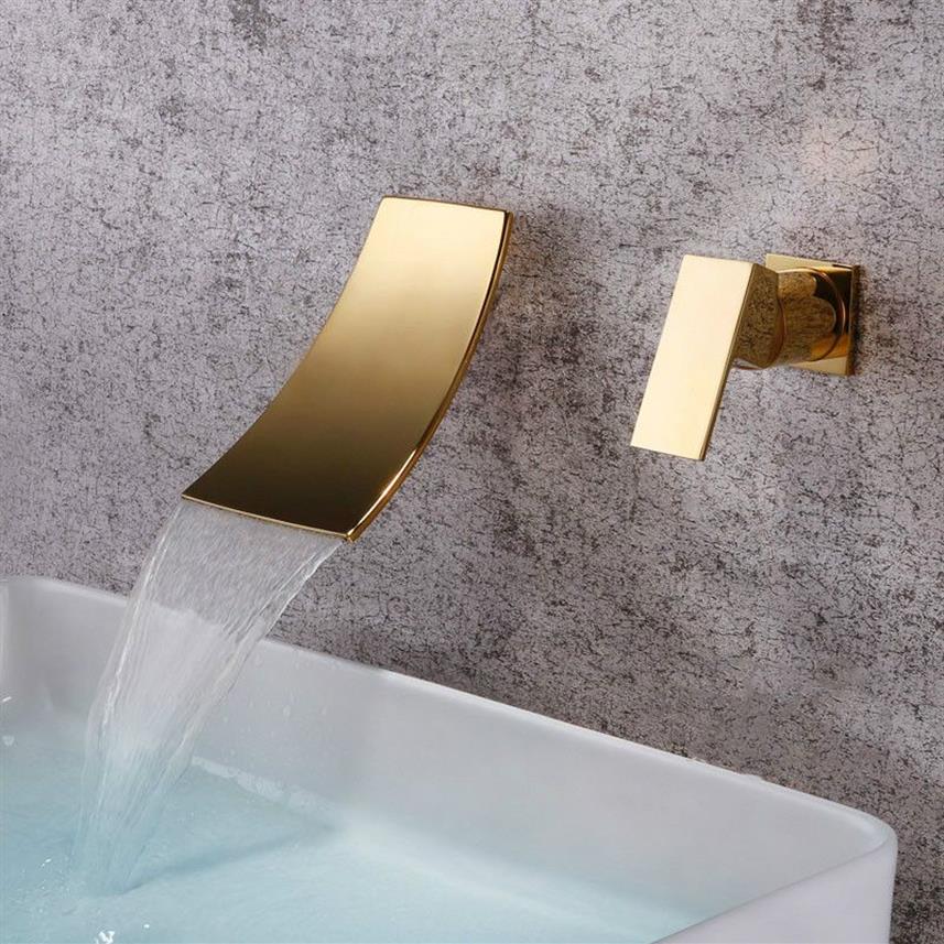 Gold Black Separated Badrumsvask Kanen Väggmonterad vattenfall Stil Kall Basin Water Mixer Chrome Tap2342