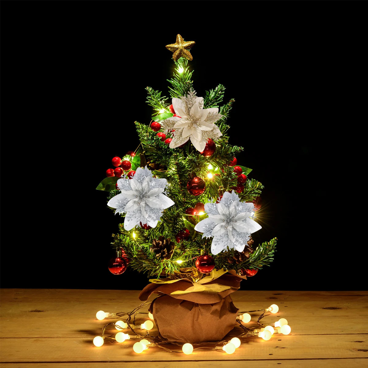 Gedroogde bloemen 105 stks 15 cm Glitter Kerst Kunstmatige Poinsettia Bloemhoofd Kerstboom Ornament Woondecoratie Navidad jaar 231130