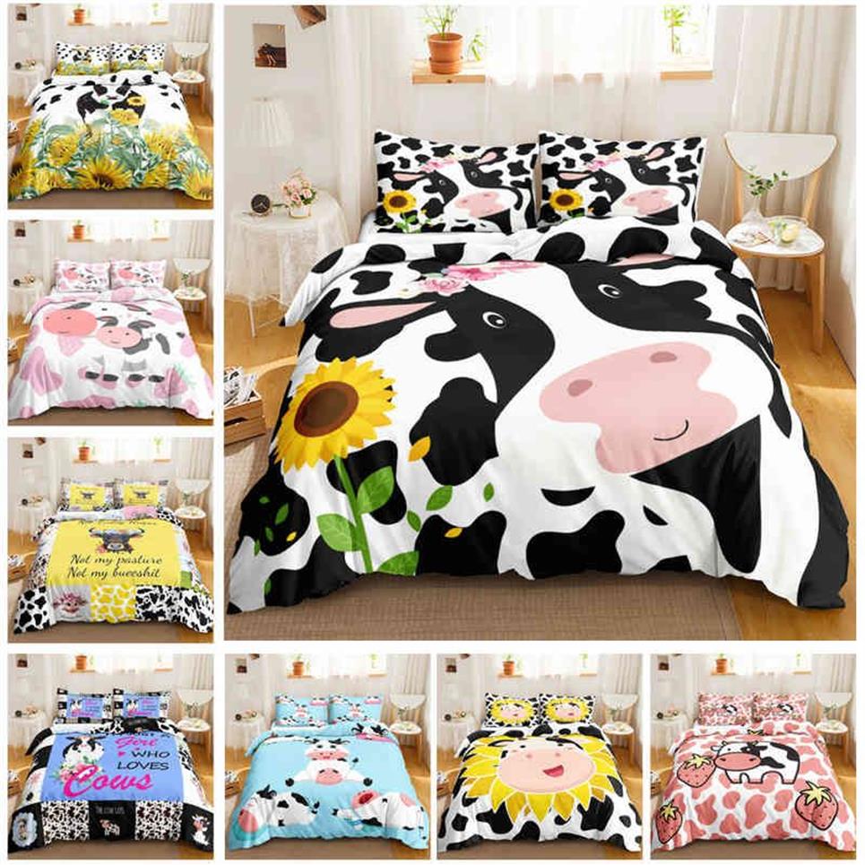 Cute Cow Print Duvet Cover Queen Size Kawaii Highland Bedding Set King Comforter Cartoon Farm Animals196L