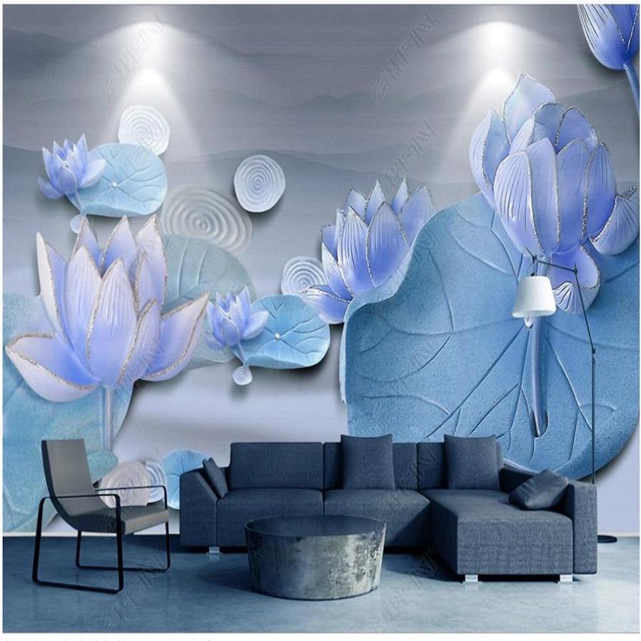 Fond d'écran 3D Relief en trois dimensions Lotus Pond Moonlight Living Room Fond décoration murale 233w