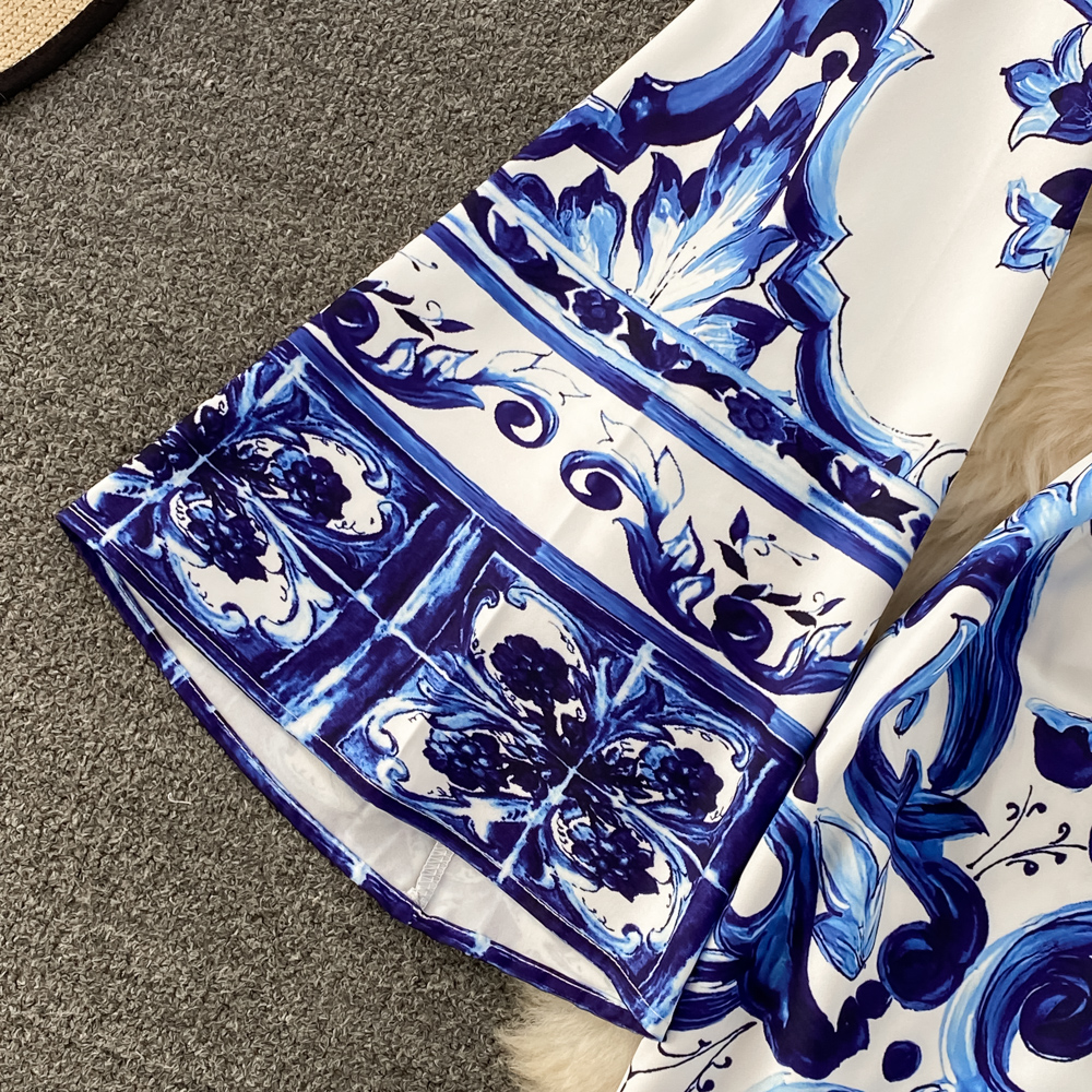 Casual Dresses Summer Runway Blue And White Porcelain Loose Long Dress Women O-Neck Flare Sleeve Floral Print Bohemian Side Split Maxi Vestidos 2023