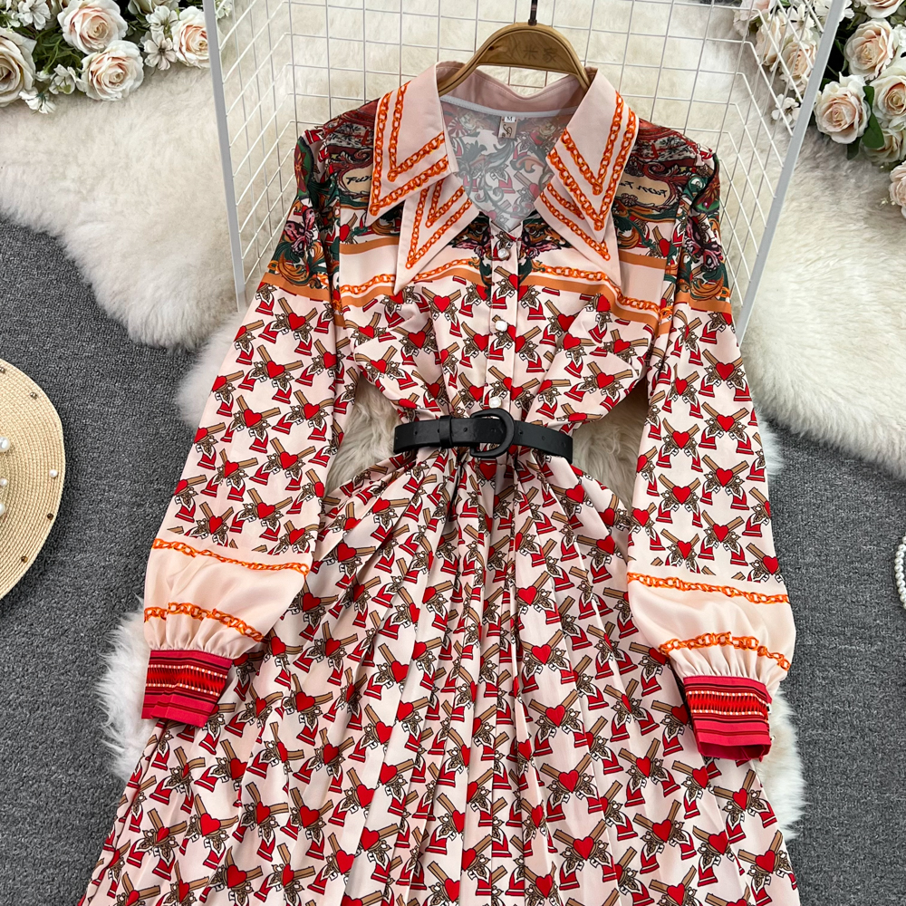 Lässige Kleider 2023 Vintage Runway Damen Umlegekragen Hemdkleid Mode Sommer Blumendruck Einreiher Damen Plissee Bürokleid