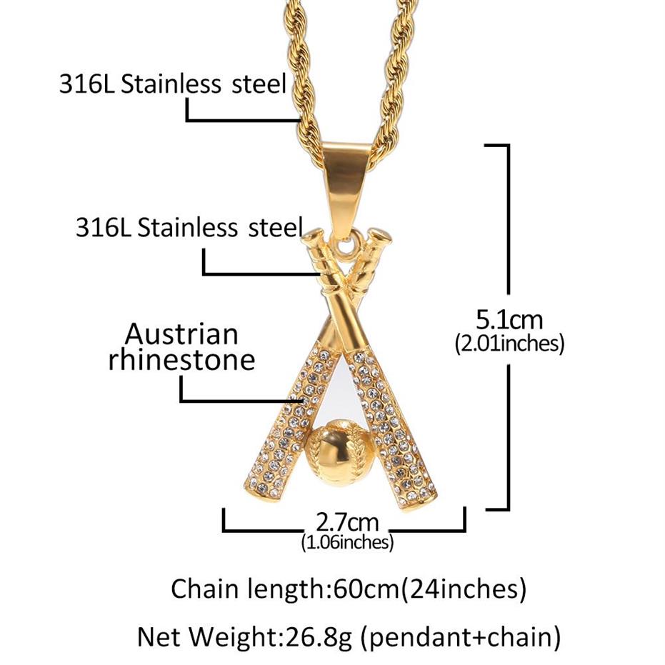 Hip Hop Bijoux Baseball Pendentif Collier En Acier Inoxydable Plaqué Or Strass Avec Chaîne Pour Hommes Femmes Joli Amant Cadeau Rappeur Accesso302M