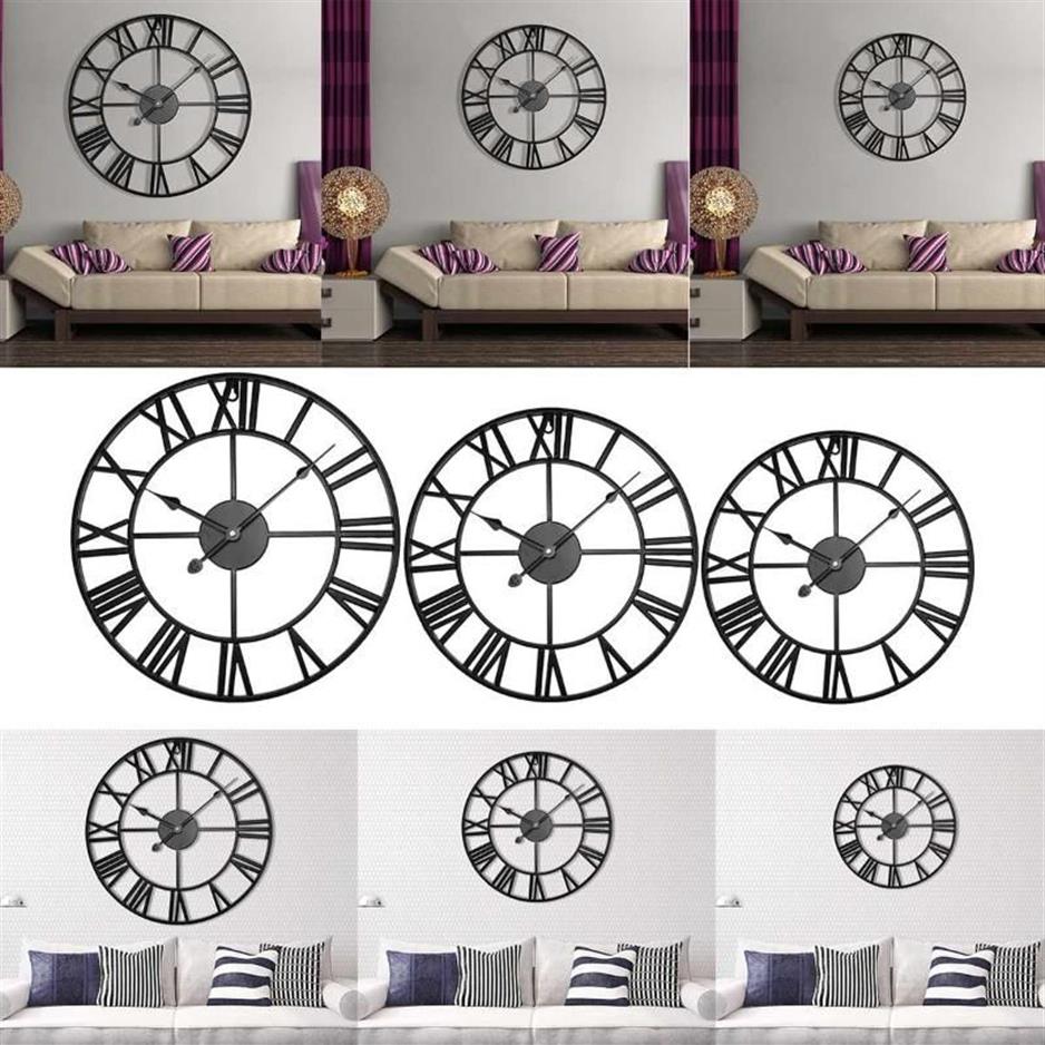 Horloges murales 40 47 60 80 cm moderne 3D grand rétro fer noir rond art creux horloge en métal nordique chiffres romains décoration de la maison 1270Q