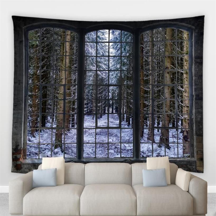 Arazzi Retro Vintage Arazzo finestre Bianco Snowland Foresta Albero Scenario invernale Soggiorno Camera da letto Murale Coperte da comodino Parete Hang282L