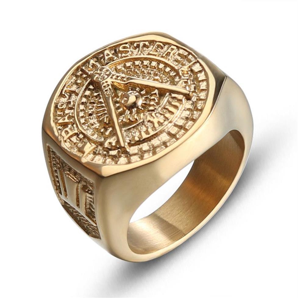 Etherial Handmade Men Masonic Rings Stainless Steel Gold Ring Color Rings For Mens New Classic Hip Hop masons2674