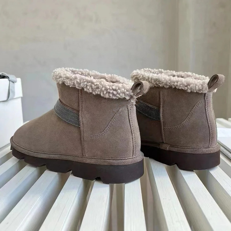 Winter Women's Thick Bottom Suede Ankle Boots 2023 New Flat Fur Snow Boots Round Toe Metal Decor Wool Lining Simple Short Boots