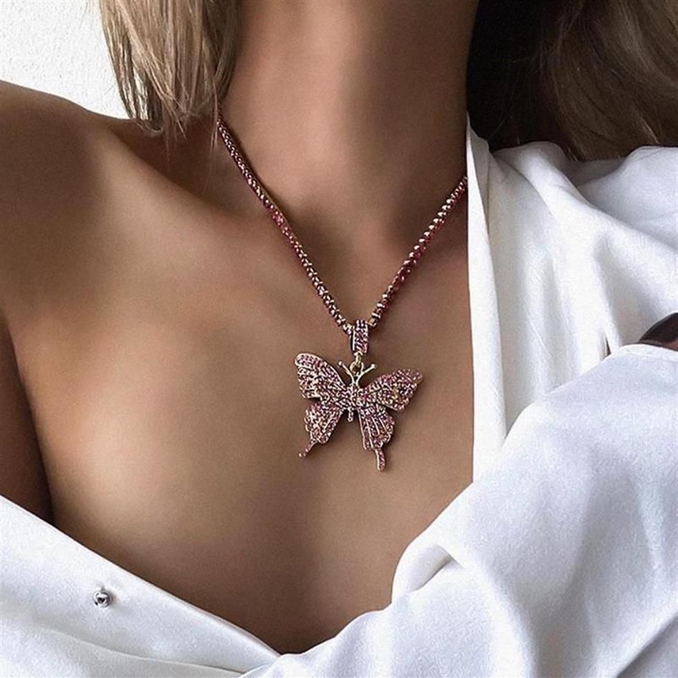 Luxurious Full Crystal Butterfly Necklace Woman Pendants Jewellery Neck Chain Hip Hop Punk Charm Black Rose Gold Pendant Necklaces270u