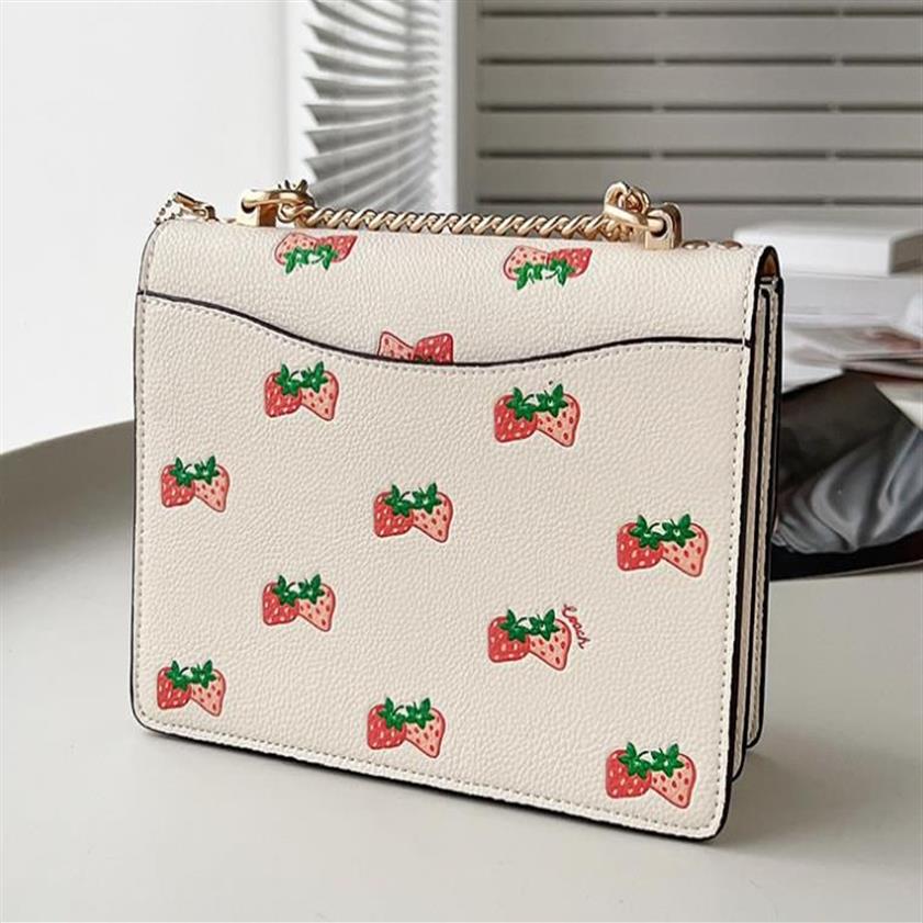 New women's strawberry print organ bag leather chain shoulder messenger MINI small square bag338k