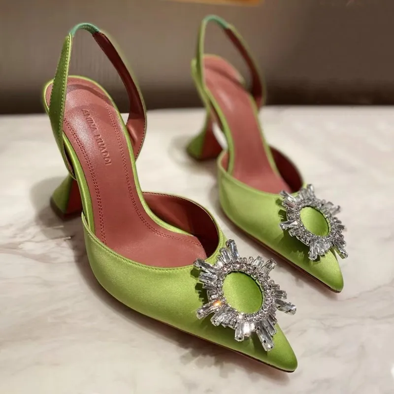 Amina Muaddi Sandales En Cristal Designer Sandale Femmes Pompes De Luxe Talons Hauts En Cuir Véritable Daim Pompe Dîner Robe De Mariée Chaussures