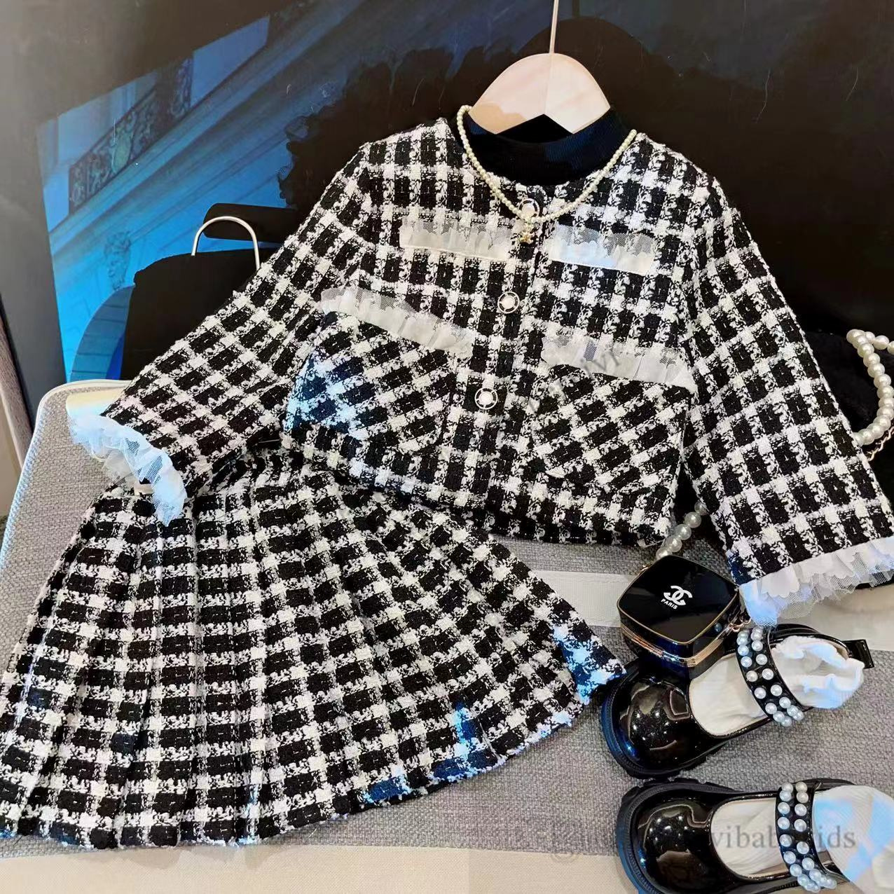 Lady style Ragazze plaid di lana set di vestiti bambini nero bianco reticolo monopetto outwear gonne a pieghe 2 pezzi bambini abiti da principessa S0914