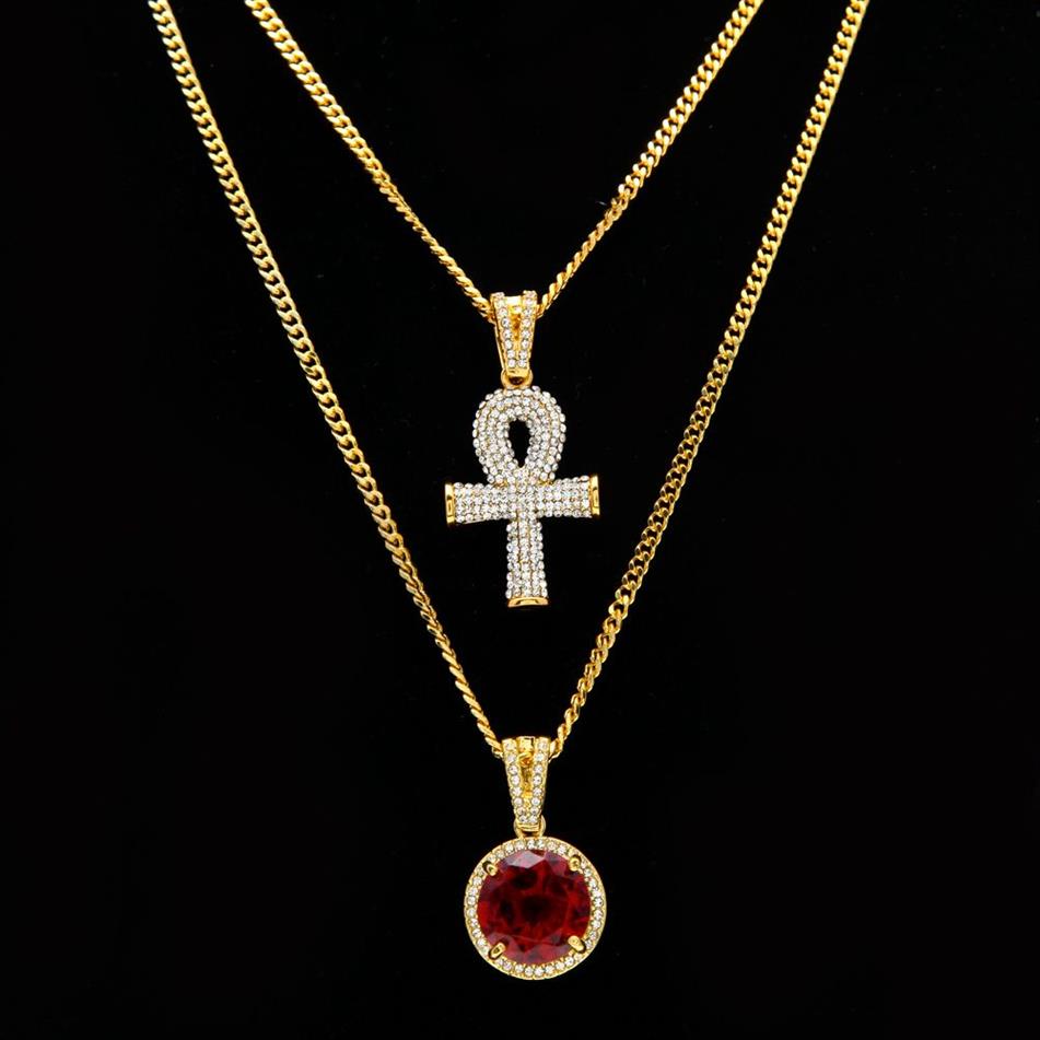 Ankh egipcio, llave de la vida, colgante de Cruz de diamantes de imitación ostentosos con colgantes redondos de rubí rojo, conjunto de collares para hombres, joyería de Hip Hop 271A