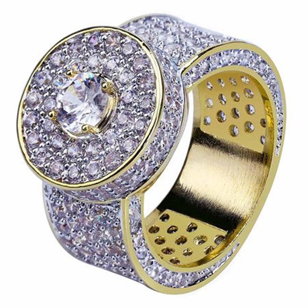 18K Cluster Or Planté Coupe CZ Cristal Hip Hop Glacé Anneaux pour Hommes Femmes Bling Bling Ring3493