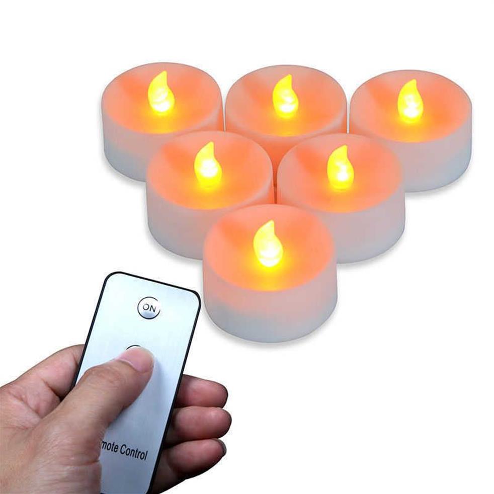 Pack med 6 LED -te -lampor med fjärrkontroll AAA -batteridriven flamelös flimrande tealight -ljus med timer för Wedding DEC H0909256R