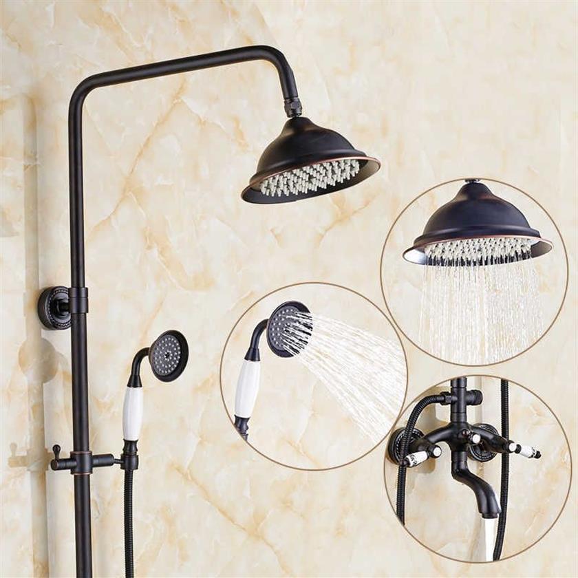 Black Retro Shower Set With Ceramic Arm Lifting Shower Set Antique Solid Brass Shower Body And Head System X0705274y