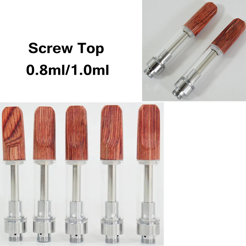 Customized Vape Cartridges 1ml 0.8ml Wooden Tops intake E-cigarette Empty Thick Oil Atomizers Flat Screw Tip Ceramic Coil 510 thread Atomizer Foam Packaging