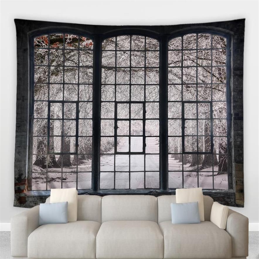 Wandteppiche Retro Vintage Fenster Wandteppich Weiß Schneeland Wald Baum Winterlandschaft Wohnzimmer Schlafzimmer Wandbild Nachttischdecken Wandbehang282L