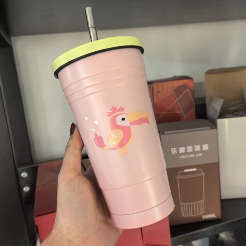 Designer Strobeker Dubbellaags Drie Lijnen Roestvrijstalen Isolatiebeker Draagbare Koffiekop Roze Vogel Koffiekop Leuke Student Waterbeker