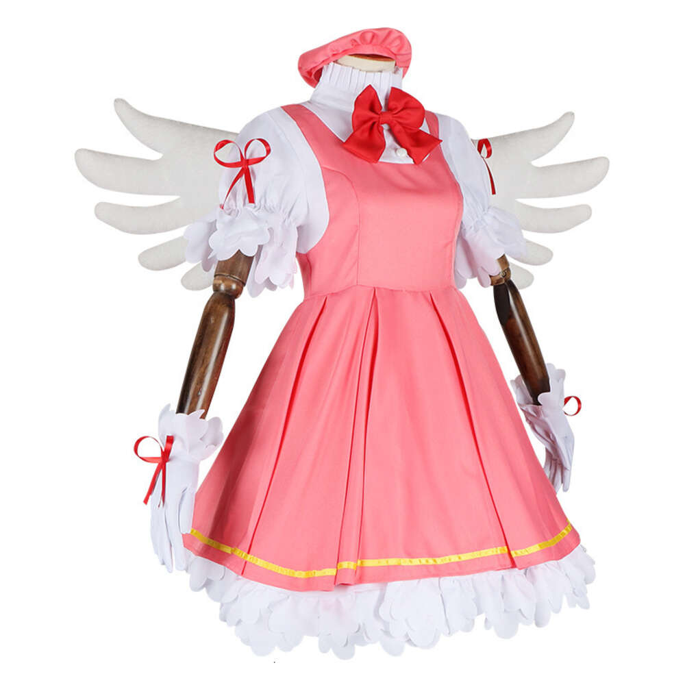 Disfraz de Anime Cardcaptor Kinomoto Sakura, vestido de Cosplay, uniforme de combate, falda y accesorios de ala, trajes de sirvienta