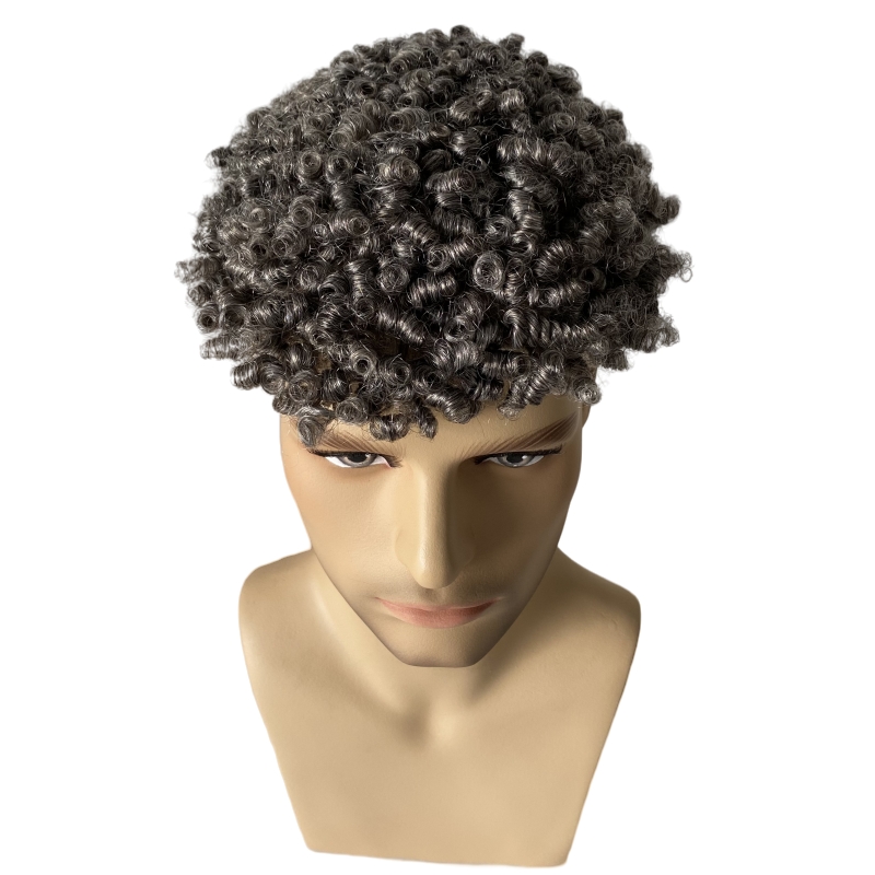 Burmesiska jungfruliga mänskliga hårsystem 10mm lockiga #1b50 grå tunna hud knutar pu toupee 8x10 manlig peruk för gamla svarta män