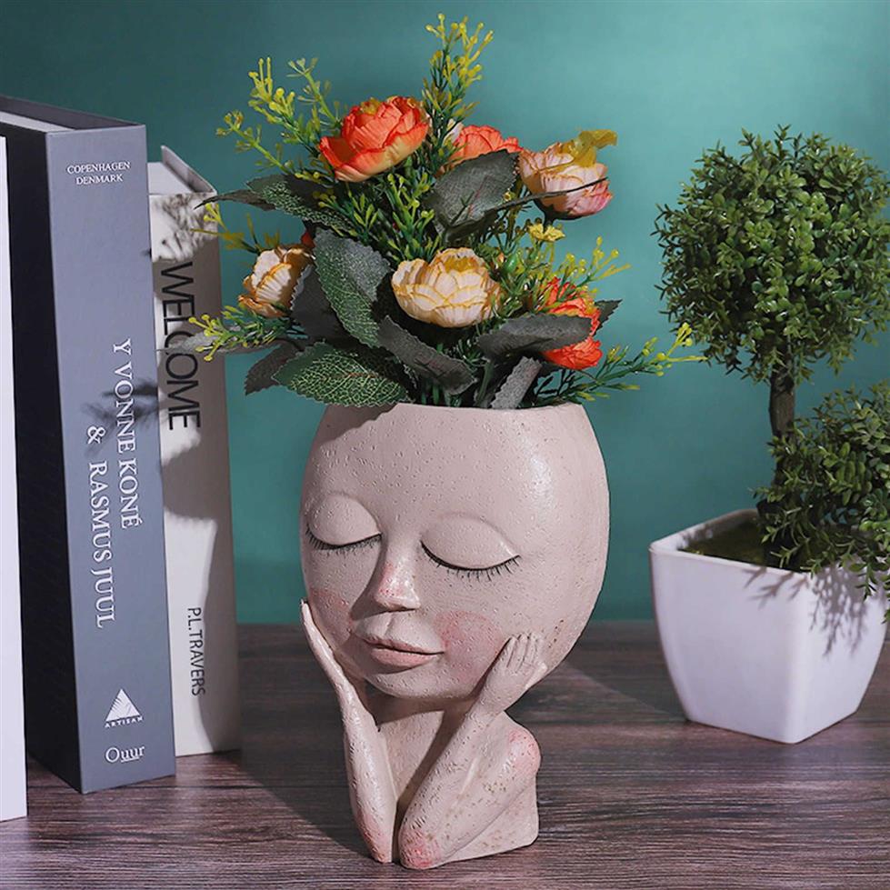 Filles visage tête fleur planteur plante succulente fleur conteneur pot pot de fleurs figure jardin décor nordique table ornement 210712259V