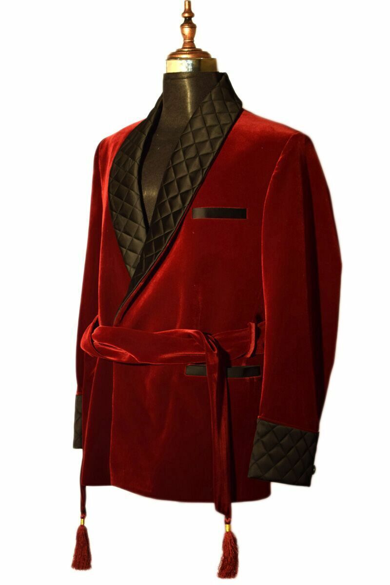 Red Velvet Jacket For Men Shawl Lapel Tuxedos Tailored Single Breast Wedding Blazers With Belt