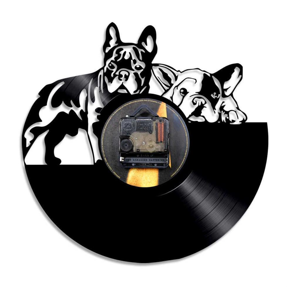 Bulldog francese Orologio da parete con disco in vinile Design moderno Animale Negozio di animali Decor Cucciolo Relogio De Parede Regalo amante 210913223y