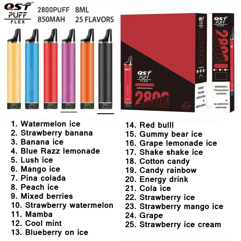 Original QST Puff Flex 2800 puffs 0% 2% 5% engångsskidor Enhet E Cigarettvape -satser 850mAh Batteri Förfylld 8 ml Euro USA ingen skatt