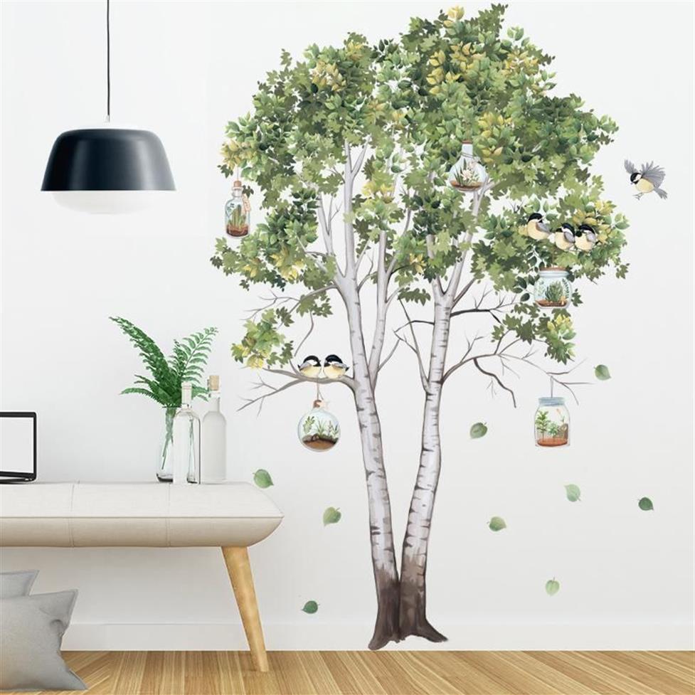 Väggklistermärken Big Tree Birch Green Leaves Decals vardagsrum sovrum fåglar hem dekor affisch tapet pvc dekoration334m