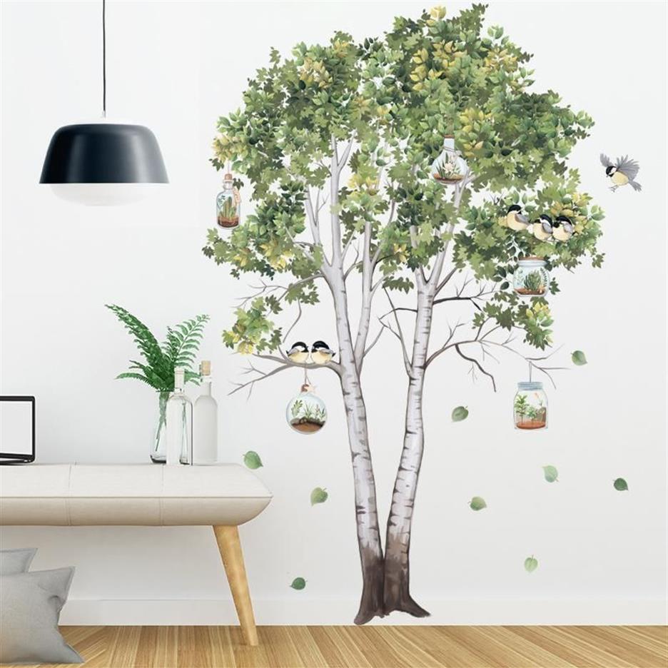 Naklejki ścienne Big Tree Birch zielone liście naklejki salon sypialnia ptaki domowe plakat plakat tapeta dekoracja 240k