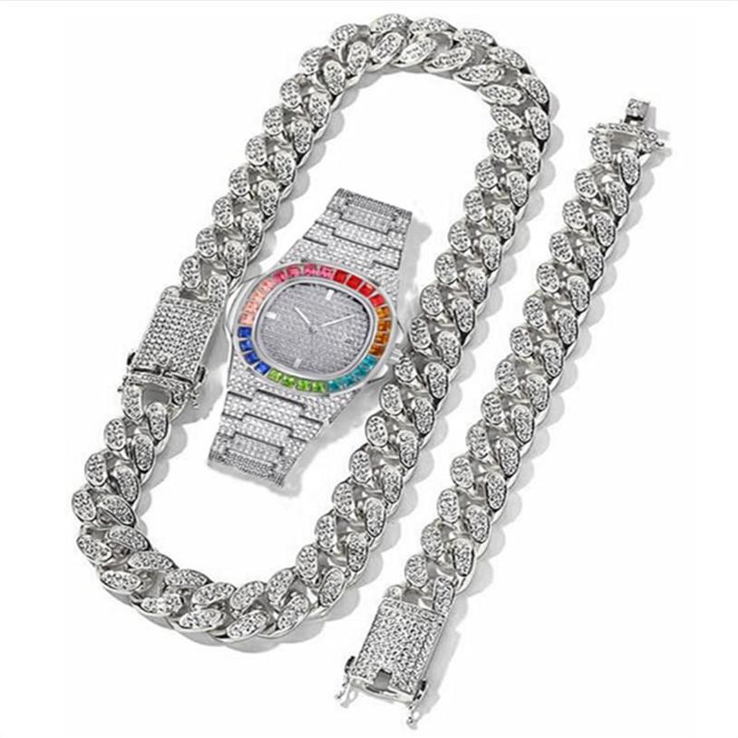 Catene Collana Orologio Bracciale Miami Catena a maglie cubane Grande oro ghiacciato Strass Bling Cubana Uomo Gioielli Hip Hop Girocollo Watche174z