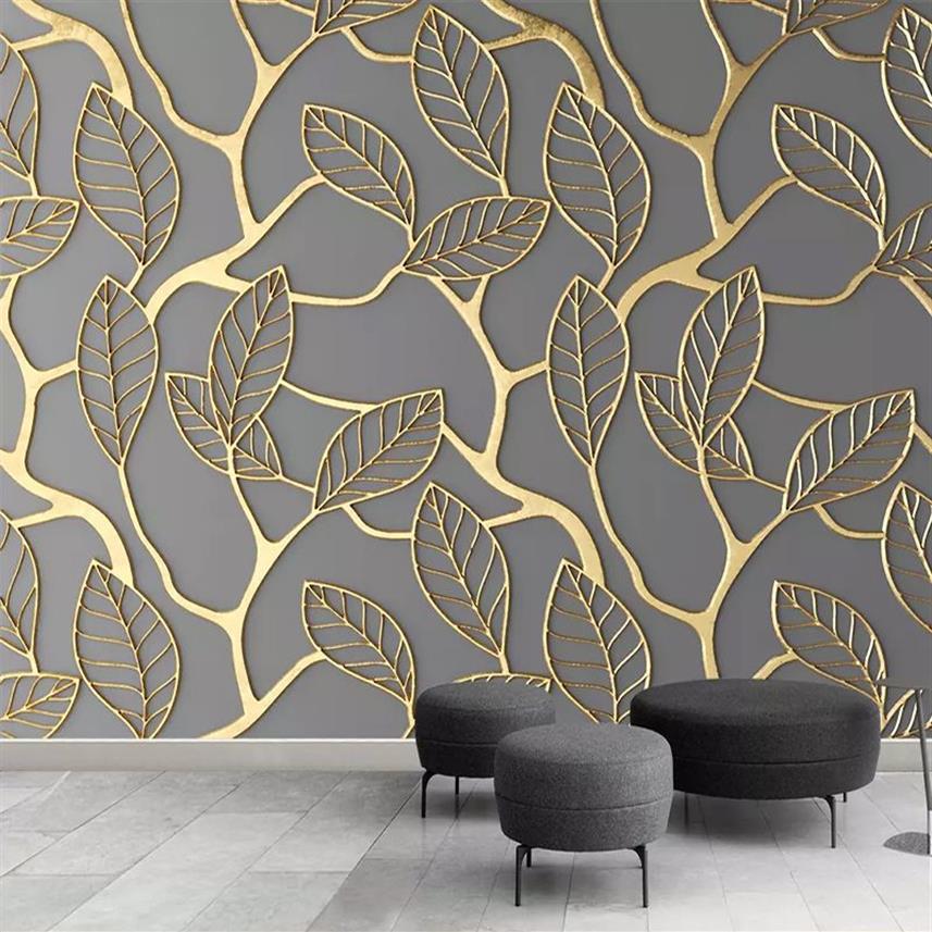 Anpassade PO Wallpaper Murals 3D stereoskopiska gyllene träd lämnar Creative Art Living Room TV Bakgrund Väggpapper Hemdekor348V