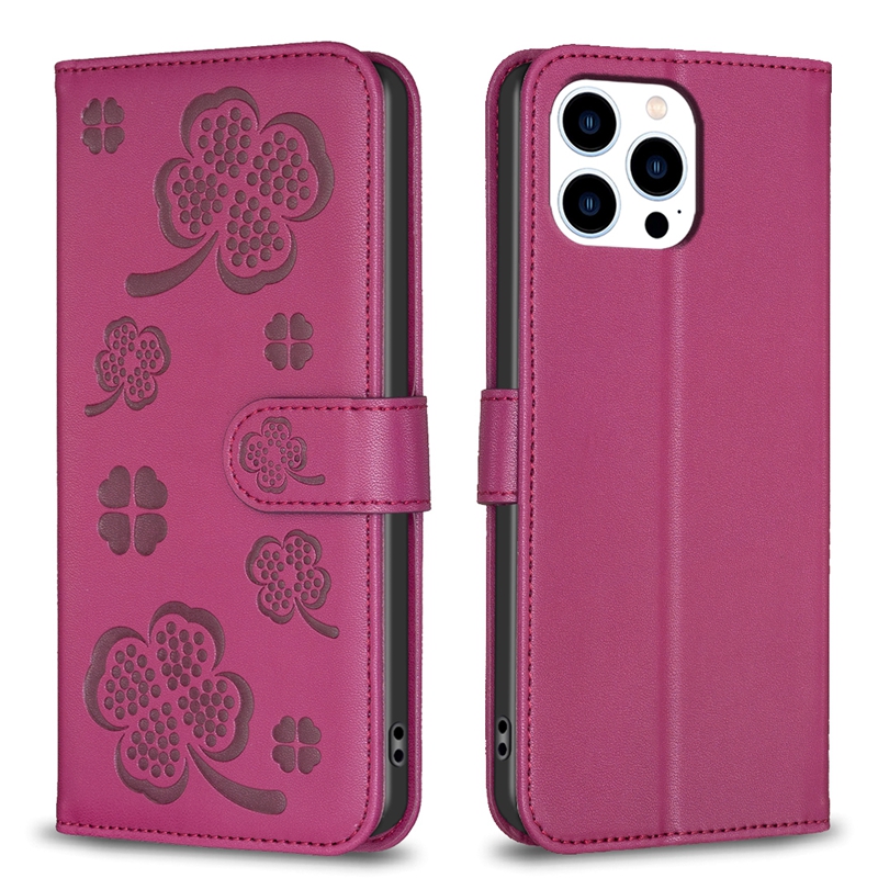 Étuis portefeuille en cuir Lucky Flower pour iPhone 15 Pro Max 14 Plus 13 12 11 X XS XR 8 7 6 Trèfle à quatre feuilles Porte-carte d'identité Flip Cover Kickstand Book Girls Book Phone Pouch