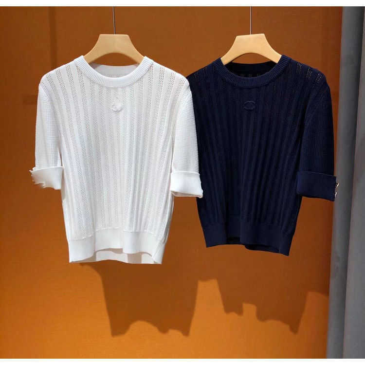 Designer de luxe femmes t-shirt chemise printemps 2023 célébrité broderie découpe tempérament doux pull col rond manches tricoté femmes