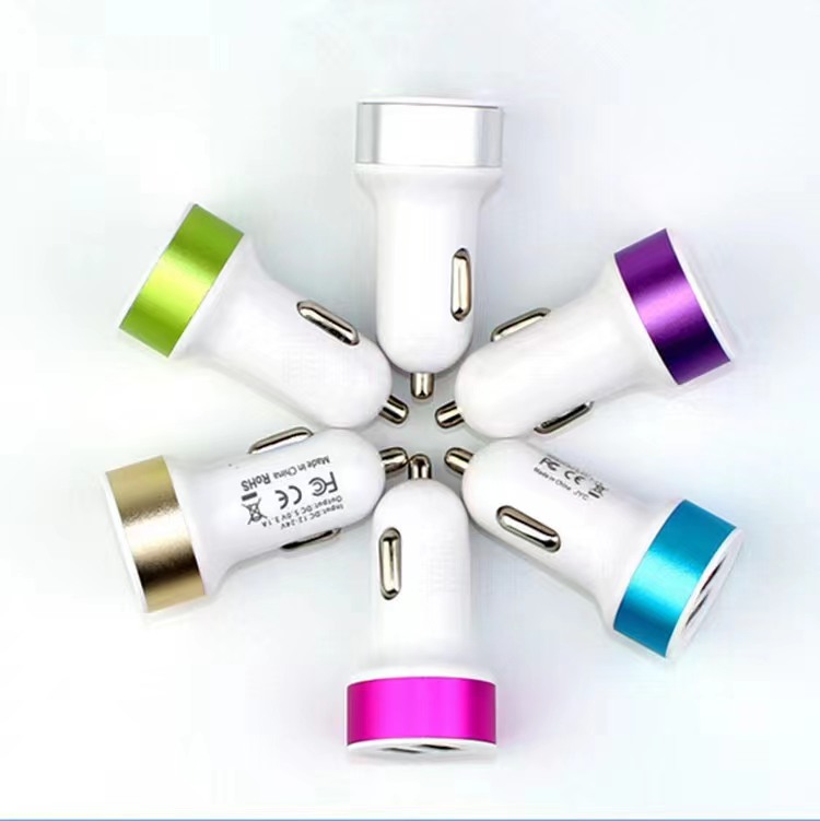 Dual USB 2Ports 2.1A Metal Car Charger Colorful Mini USB Car USB Charger Adapter for iPhone 14 13 Max Samsung s22 Xiaomi