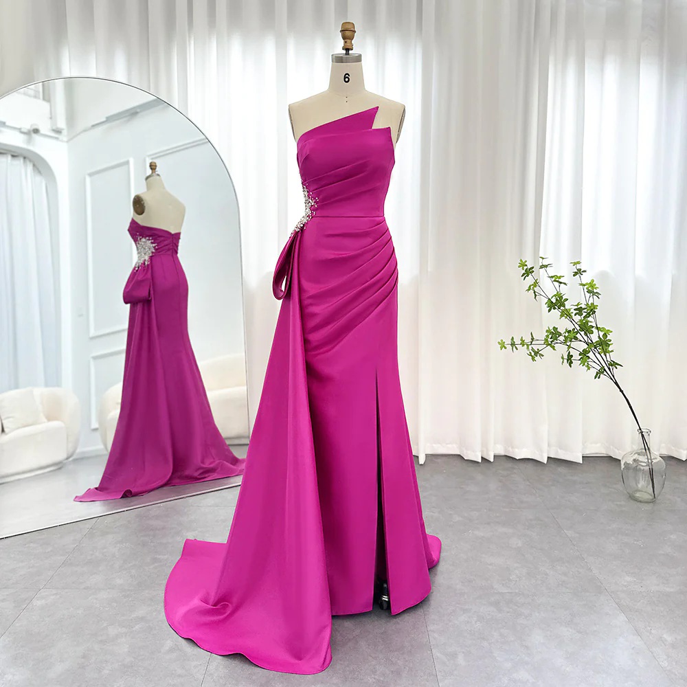 Luxurious Fuchsia Mermaid Prom Dresses Sleeves Strapless Illusion Evening Gowns African Evening Dresses Up Back Gorgeous