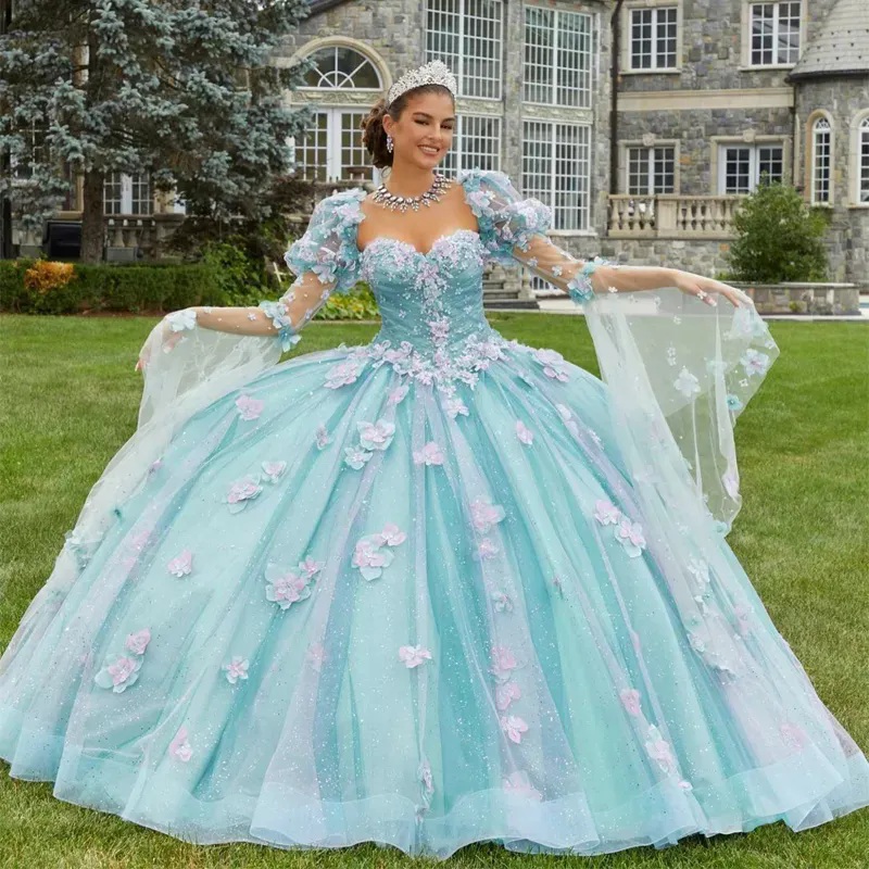 Himmelblaues Blumen-Schatz-Quinceanera-Kleid, schulterfrei, Applikationen, Blumen, süßes 15. Geburtstags-Prinzessin-Partykleid, Ballkleid für 15 Jahre