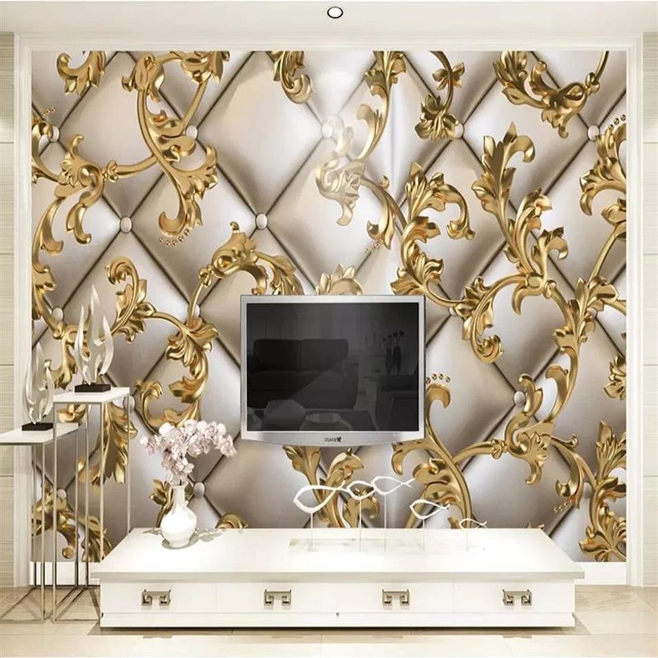 Fond d'écran personnalisé 3D Soft Pattern Golden Pattern European Style Salon Room TV Fond Papiers muraux Home Decor209y